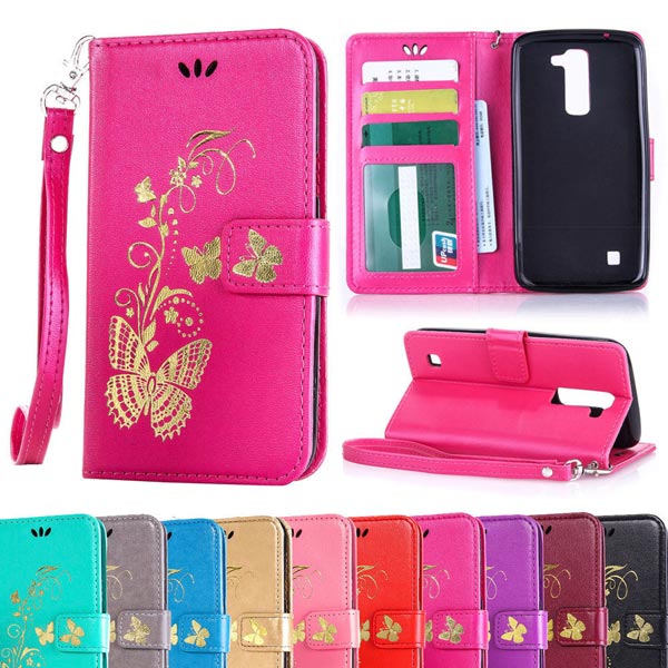 Leather Butterfly Pattern Stand Card Slots Glossy Case Cover For LG