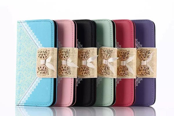 Wallet Card Bling Diamond Flip PU Leather Lace Bow Case Cover For Samsuang